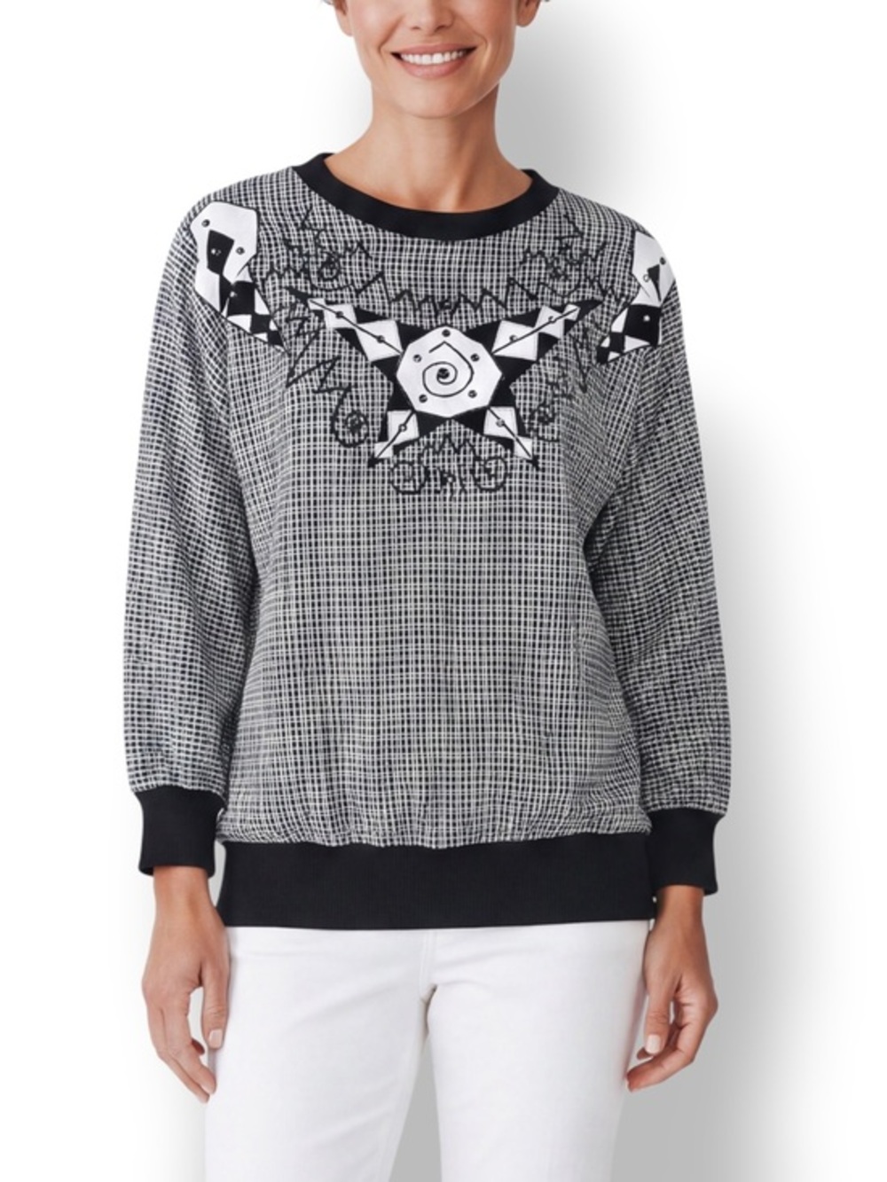 4/$20 Vintage Donna Toran Check Top Black White Embellished Dolman Sleeve Blouse